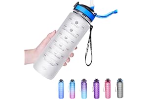 ETDW Motivazionale Borraccia 1 Litro con Marcatori di Tempo, 1000ml Bottiglia Acqua Sportiva con Cannuccia Senza BPA, 1L Borraccia Sportiva (Trasparente Nero)