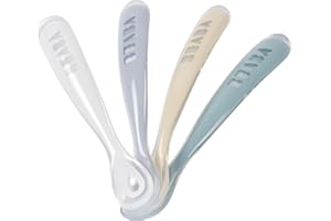 Béaba - Lot de 4 Cuillères en Silicone Bébé / Enfant 1er Âge - Dès 4 mois, Souple - Bout arrondi - Manche long et Ergonomique, Storm