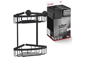 tesa ALUXX BLACK zweistöckige Eck-Duschablage zur Wandmontage ohne Bohren, schwarz matt - für Bäder im Industrial Style und moderne Badezimmer - mit Klebelösung - 163 mm x 260 mm x 170 mm