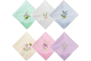 CYNOSURETECH 6 Pieces Women's Handkerchiefs, Retro Handkerchiefs, Soft Cotton Handkerchiefs, Lace Handkerchiefs, Embroidered Handkerchiefs (White/Pink/Yellow/Light Blue/Light Purple/Light Green)
