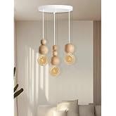 Modern Bohemian Rustic Pendant Chandelier with Wood Detail Stylish And Natural Design Living Room Living Room (White-Wood)