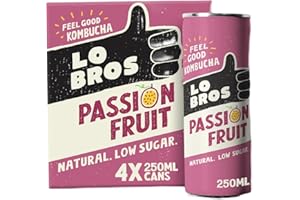 Lo Bros Kombucha - Passionfruit - Sparkling Refreshing Drink with Natural Ingredients and Live Cultures, Supports Gut Health, Low Sugar, Vegan, Gluten Free- 4 x 250ml