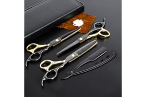 M&LD Professional Hairdressing Scissors Stainless Steel Hair Cutting Barber Scissors 2 Straight Sharp Shears 1 Thinning Scissors 1 Razor Black Gold Hair Scissors for Men Women Salon Home Use