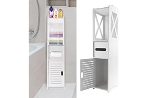 AUTOBABA Mobiletto da Bagno, Mobiletto per WC, Portaoggetti per Bagno, Supporto per carta igienica, porta scopino WC, Armadietto da bagno con ante, Armadietto Salvaspazio, Armadietto da Terra in Legno