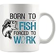 Panvola Born To Fish Forced To Work Fishing Fisherman Mug Fishing Gifts To Husband Dad Grandpa Boyfriend Coffee Ceramic Mugs 11oz White Novelty Drinkware