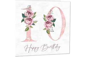 PURPLE FOX Carte d'anniversaire 10 ans pour filles – Carte d'anniversaire florale pour fille de 10 ans, dixième petite-fille, sœur, nièce, cousine