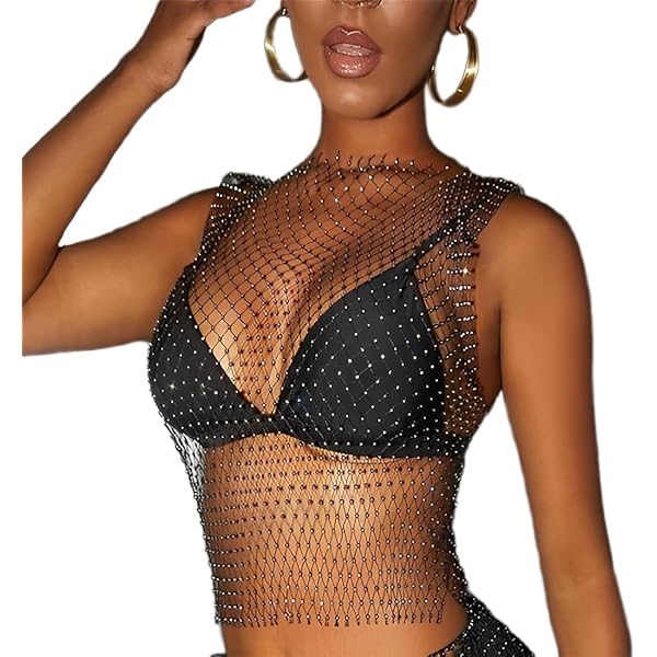 Top Con Catena Corpo Donna - Rete Con Strass Lucidi | Scollo A V Per Festival E Discoteca | Taglia M - Foto 8
