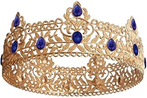 HPMAISON Gold Full Round Tiara Royal King Crown for Men Blue Rhinestone Rose Hat for Adult Birthday Crown Groom Wedding Carnival Fancy Dress Costume Party Metal Hat for Halloween Hair Accessories