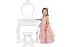 Green series Tavolo da toeletta per bambini in legno con specchio e sgabello, tavolo da toalet con cassetto e adesivi, per bambini, in legno, per la cameretta dei bambini, idea regalo per ragazze