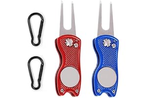 Kiuiom Arreglapiques Plegable,Golf Horquilla,Arreglapiques,2PC Horquilla de Campo de Golf con Mosquetón Herramienta de Reparación de Divot de Golf para el Mantenimiento del Césped (Rojo,Azul)