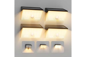 Smiling Shark WL-06 Luz Solar Exterior, 4 Piezas Focos LED Solares Con Sensor de Movimiento 4 Modos & 120° Iluminación IP65 Impermeable Lámpara de Pared Solar para Jardín Valla Patio, Blanco Cálido