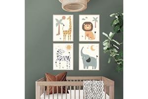 Youihom 4 Affiche Animaux Chambre Bebe Illustration Poster Girafe Lion Zèbre Elephant Tableau Safari Coloré Decoration Murale Garcon A4 Toile Dessin Enfant sans Cadre