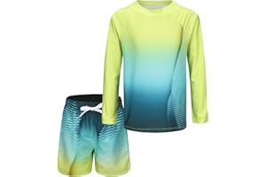 AISYEE Boys Swimming Costume Two Piece Swimsuit Set with Swimming Trunks Kids Long Sleeve Bathing Suit Swimwear
