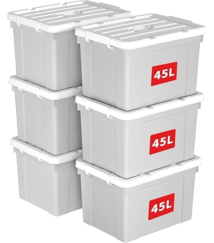 Cetomo 45L x 3 opbergdozen, plastic opbergdoos met deksels, organiserende container met handvat en veilige vergrendelende gespen, stapelbaar, nestbaar, draagtas voor thuiskantoor kleding, 45L-3Pack
