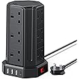 AODENG Tower Extension Lead with USB Slots 2M, 12 Way Outlets Multi Plug Extension Tower with 4 USB Slots (1 Type C & 3 USB Ports), Surge Protector Long Extension Lead tower for Home, Office, Kitchen
