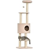 PawHut Tree Scratching Post for Cats Height 148 cm with 3 Platforms Beige | Activity Tree for Cats, Tower, Sisal Poles, House