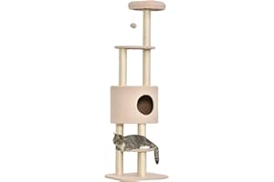 PawHut Albero Tiragraffi Robusto per Gatti con 5 Livelli, Cuccia, Casetta, Giochi e Corda Sisal, Beige, Max 30kg