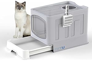 Vivo Technologies Large Cat Litter Box Litter Tray, Foldable Litter Box with Lid, Scoop, Flap Door, Slide-Out Tray for Easy Cleaning, Large Anti-Splashing Hooded Space Cat Litter Tray
