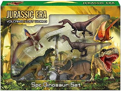 Jurassic World 5 Piece Prehistoric Dinosaur Educational Toy Set Includes Tyrannosaurus Rex, Triceratops, Velociraptor, Dilophosaurus &amp; Pterosaurs - Box with handle. Gift.