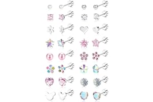 Diamday 16 Pares Pequenos Pendientes para Mujeres Niñas Acero quirúrgico 20G Pendientes Pequeño Cartílago CZ Corazón Flor Estrella Multicolor Bola Screwback Flat Back Stud Pendientes Set