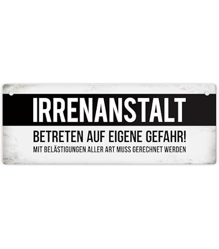 Retro Blechschild 'Irrenanstalt – Betreten Auf Eigene Gefahr' – 28x12 Cm, Metall, Witziger Spruch Für Werkstatt, Bar, Geschenk