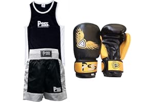 PRIME LEATHER Prime Sports Shop Ultimate Premium Kids Boxing Uniform Comfortable and Lightweight 2 Pieces Set Top and Short Black-White + Kids Boxing Gloves 4-OZ 1005