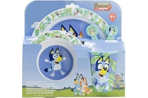 GOLDDUNES Microwave Safe 5pcs Character Animation 2023 Cartoon Dinner Tableware Set Plate, Bowl, Cup, Fork, Spoon BPA Free re-usable Plastic (Bluey)