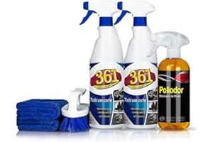 Sisbrill Kit Tapicerías. Limpia y desodoriza Sofas de Coche, Alfombrillas, Textil. 2x750 ml de 361 + 1x500 ml de Poliodor + 1 Cepillo Profesional + 2 microfibras.