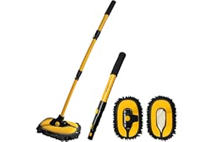 YeewayVeh 110CM Car Wash Brush with Long Handle, Microfiber Car Wash Mop with 2 Replaceable Brush Head, Soft Cleaning Brush with 15° Curved Extension Pole Car Wash Kit for RV Truck Camper, YELLOW