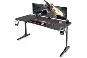 Devoko Bureau Gaming Bureau Gamer Informatique Table Gaming Bueau PC avec Porte-gobelet, Tapis de Souris et Porte-Casque (Noir, 140 × 60 cm)