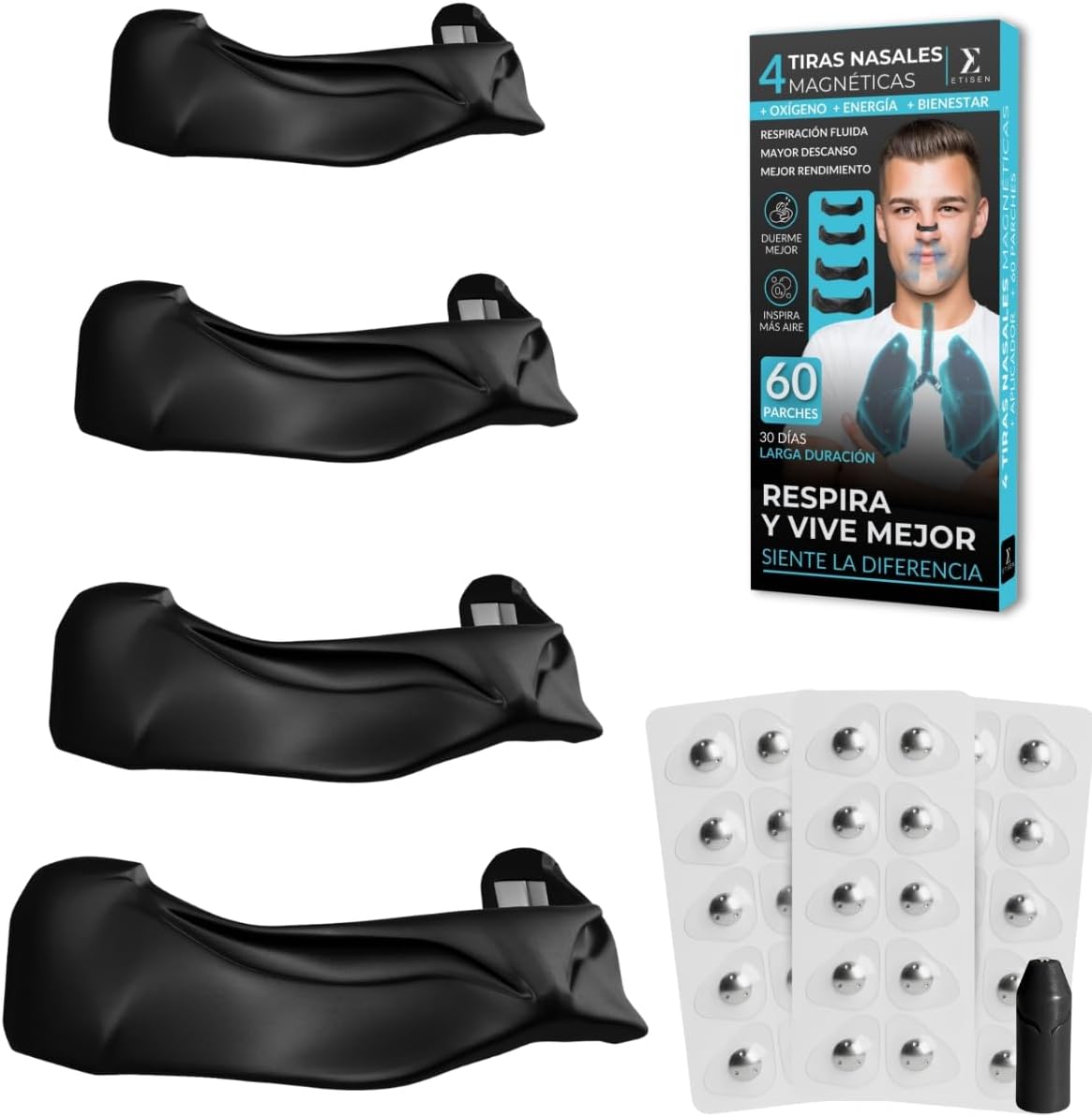 ETISEN, Tiras Nasales Magnéticas 60 Parches Transparentes (30 Días) + Aplicador Magnético y Guía QR – Antirronquidos, Dilatador Nasal para Dormir y Deporte, Mejora la Respiración y Oxigenación (Negro)