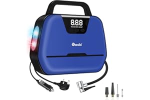 Reesibi Portable Air Compressor, Digital Tyre Inflator 12V 230V 150PSI, Electric Air Pump with LED-light, Valve Adaptors, for Home, Bicycle Motorcycle Tires Ball and Other Inflatable, Blue