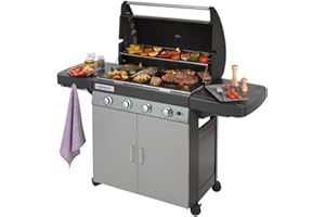 Campingaz Barbecue à gaz Class 4 L Plus, 4 brûleurs, Puissance 12.8kW, Système de nettoyage facile InstaClean, Grille et plancha en fonte double émaillage, 2 tablettes latérales