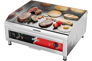 CROSSON Piastra Elettrica per Grigliare Professionale 3600W,60 x 40 CM Piastra Fry Top Elettrica Inox con Scanalatura,Doppia Temperatura 88-300 ° C con Spatola per Ristoranti Luoghi Pubblici