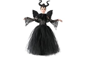 AOLIUP Malefica Costume Bambina Halloween: Vestito da Regina Strega Cattiva Maleficent per Ragazze con Copricapo Corna e Mantello Ali Nero per Halloween Carnevale Cosplay Festa Abito