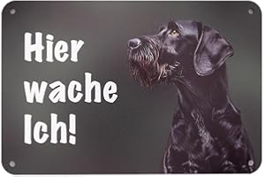WILDE HILDE ORIGINAL Deutsch Drahthaar schwarz (DD) Jagdhund - Hier wache ich! Premium Hundeschild, Warnung vor dem Hund, zum Befestigen am Zaun, UV- & Witterungsbeständig, Aluminiumverbund 24 cm x 16 cm - Made in Germany