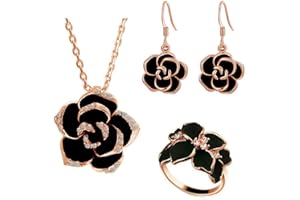TOEECY Fleurs Parure Ensemble de Bijoux Femme Camélia Rose Plaqué Argent Or Boucles d'oreilles Collier Bague élégantes Zircon Cubique Mariage Soirée Cadeau