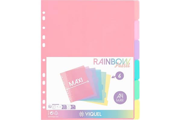 Viquel Rainbow Pastell-plastavdelare, set med 6 delare, maxiformat (24,5 x 30,5 cm) - för A4 maxi-mappar eller spakpärm - pas