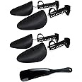 TKTTBD Shoe Stretcher Shoehorn Set, 2 Pair Plastic Adjustable Boot Holder Shoes Shape Keeper and Shoehorn for Men Women Kids, Black