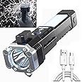 ORPIO Portable Rechargeable Torch LED Flashlight Long Distance Beam Range with Power Bank, Hammer and Strong Magnets, Window Glass & Seat Belt Cutter 4 Modes for Car Camping Hiking Outdoor