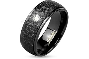 Bungsa Schwarzer Ring mit sandgestrahltem Mittelteil und Kristallstein (Edelstahl Damen Herren Fingerring Partnerringe Verlobungsringe Trauringe Damenring Edelstahlring Chirurgenstahl)