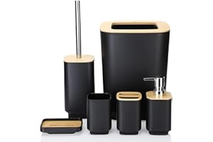 JOTOM Set di 6 accessori da bagno in bambù, design moderno, 6 pezzi, dispenser di sapone, portaspazzolino, portasapone, scopino per bagno, decorazione per la casa (nero) (ZG4JT519)
