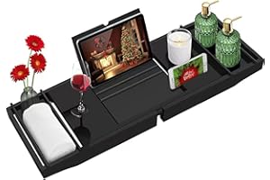 ‎KAMIYA Kamiya Ausziehbare Badewannenablage aus Bambus verstellbares Badewannenbrett Badewannen Ablagen, Wein Halterung Badewanne, Bath Table, Tablet Halterung Badewanne, Schwarz