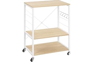 WOLTU Scaffale da Cucina con Ruote, Carrello Cucina a 3 Livelli, Scaffale per Microonde con 4 Ganci, Carrello da Bar con Struttura in Metallo, Bianco + Effetto Legno, 60x40x82,5 cm