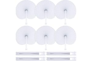 OBOVO 12 Pcs Foldable Fan Handheld White Decorations Wedding Folding Fans Round Paper Fans Assortment with Plastic Handle for Wedding Birthday Party