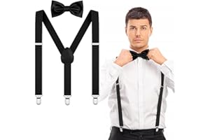 AOOWU Szelki szerokie z muszką w zestawie, 2,5 cm, regulowane szelki z muszką, dla mężczyzn z bardzo mocnymi 3 metalowymi klamrami, rozmiar uniwersalny dla mężczyzn i kobiet