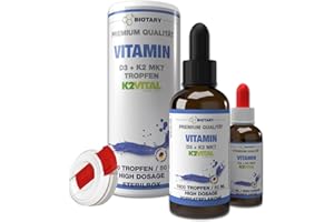 BIOTARY Vitamine D3 + K2 Gouttes 50 ml - (K2VITAL®) 99,7+% All-Trans + boîte stérile incluse + flacon de voyage - haute dose 1 000 UI = 25 µg D3 + 20 µg K2, testé en laboratoire