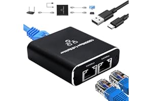GNUADZ LAN Splitter 1 to 2, 1000 Mbps Gigabit Ethernet Splitter 2 Port with Type-C Power Cable, Aluminum Housing Network Switch for Computer, Hub, Router, Modem, Set-Top Box, Cat 5/5e/6/7/8