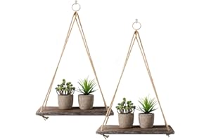 PVEATH Rustic Shelf 2Pcs Wooden Floating Shelves with String Rope Hanging Floating Shelves Rustic Distressed Wood Hanging Shelves Wood Wall Decor Swing Rope Floating Shelf with Hooks for Living Room (Medium)