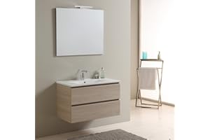 Kiamami Valentina - Mobile Bagno Sospeso 80 CM con Lavabo in Ceramica | Specchio con Luce LED | Due Cassetti Soft-Close | Olmo Leone, 80 CM + Luce LED, Legno